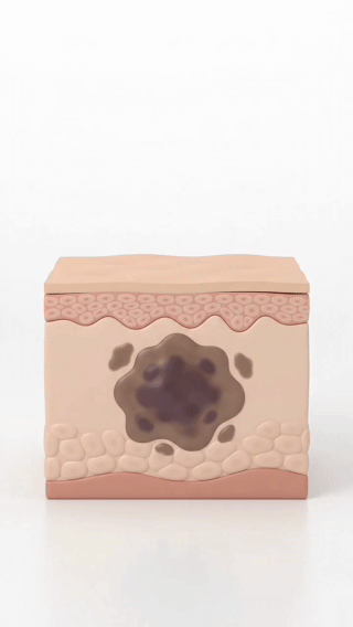 Cross-section showing the hardened barrier wall trapping pigment in the dermal layer